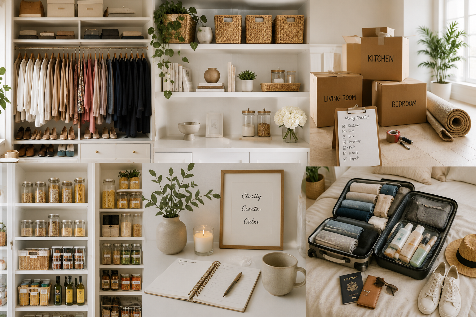 Illustration of organized closet, pantry, travel packing, and home office services