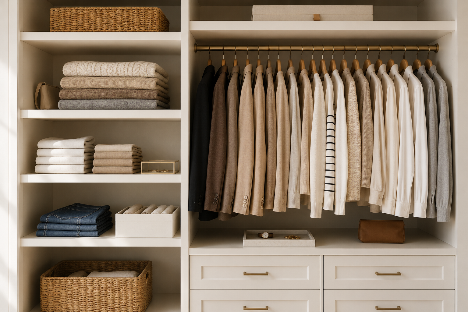 Organized neutral walk-in closet with varied clothing and accessories