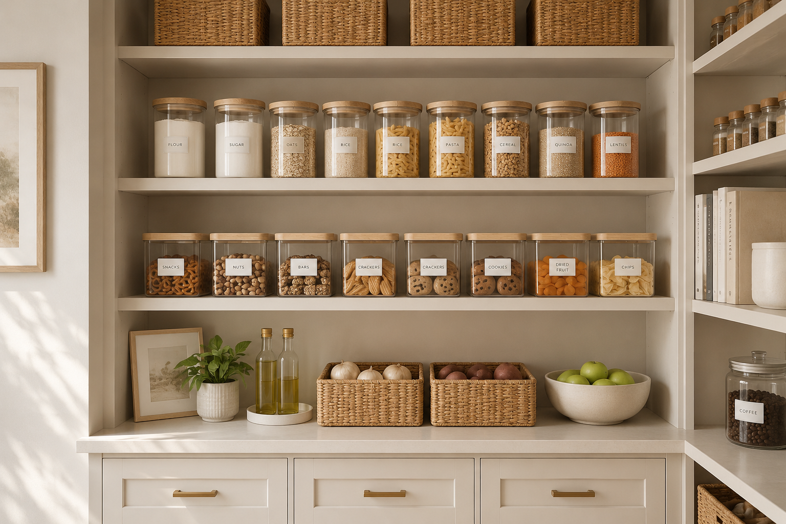 Bright organized pantry with baskets and labeled containers