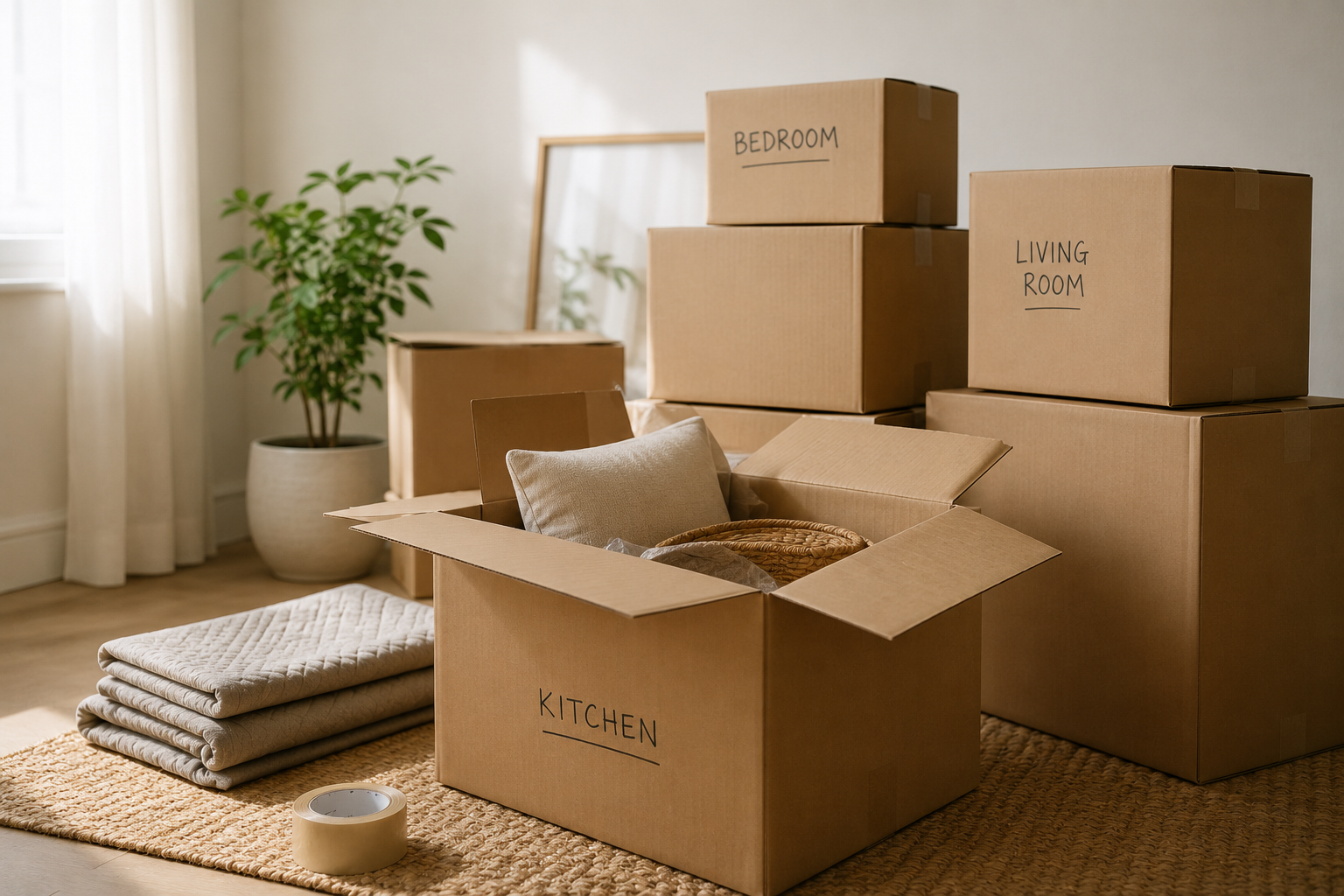 Organized moving boxes in a bright room