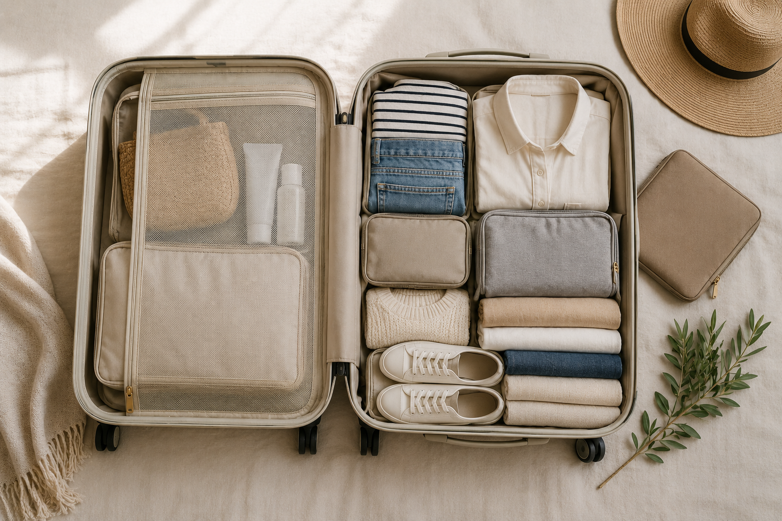 Top-down organized suitcase with packing cubes and folded clothing